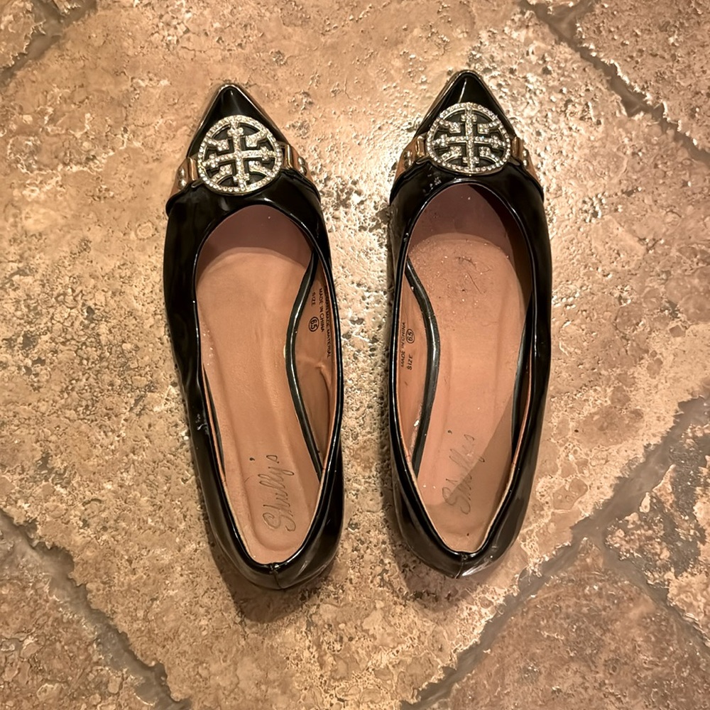 Bertinni Flats Womens 6.5 Pointed Toe Ballet Flats Black Faux Leather Slip On